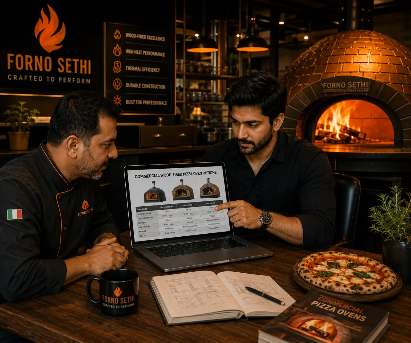 Forno Sethi team reviewing commercial wood fired pizza oven options